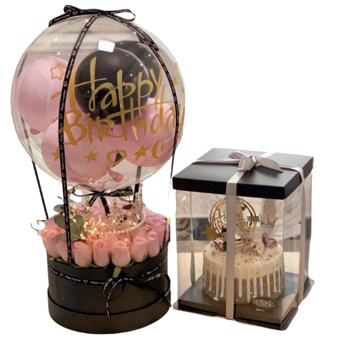 Birthday Balloon Gift Box with Cake & Roses - Pink Edition