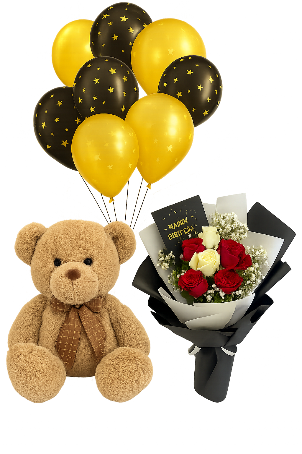 Birthday Surprise Combo – Roses, Teddy, Balloons & Greeting Card